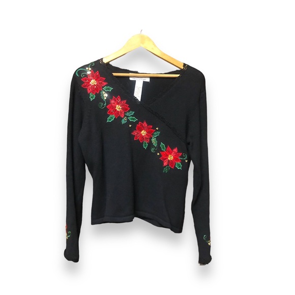 Vintage Tiara International Sequin Beaded Appliqué Poinsettia Christmas Sweater - Picture 1 of 5